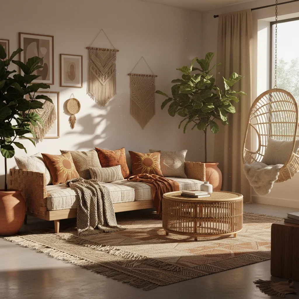 Boho living room with gold embroidered decorative pillows and earthy tones