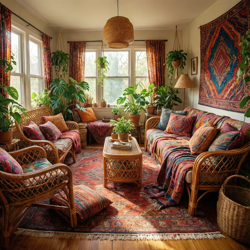 Cozy room with rattan sofa colorful rug wall tapestry many green plants and light fixture