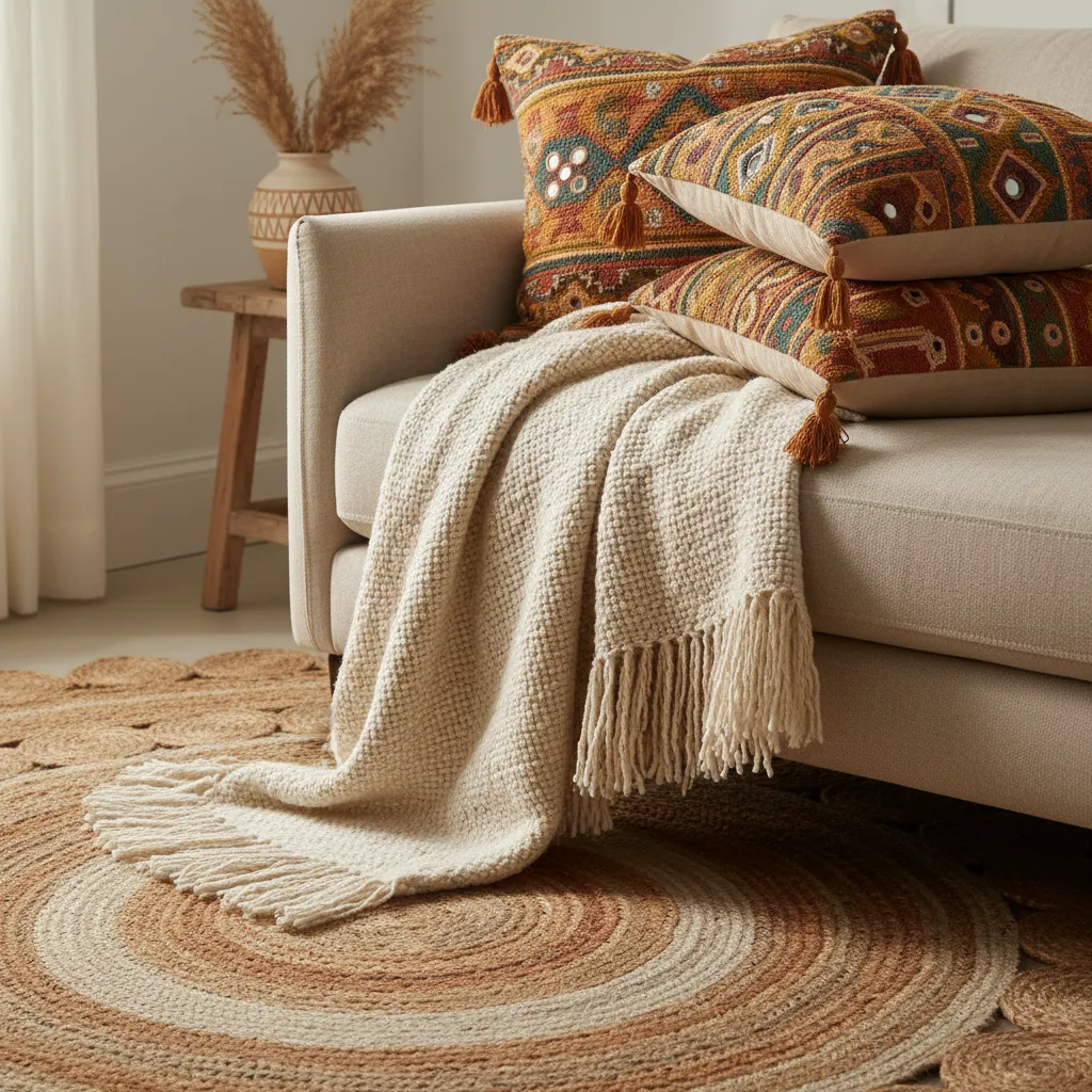Detalle de textiles boho chic con cojines bordados, manta tejida y alfombra de fibras naturales