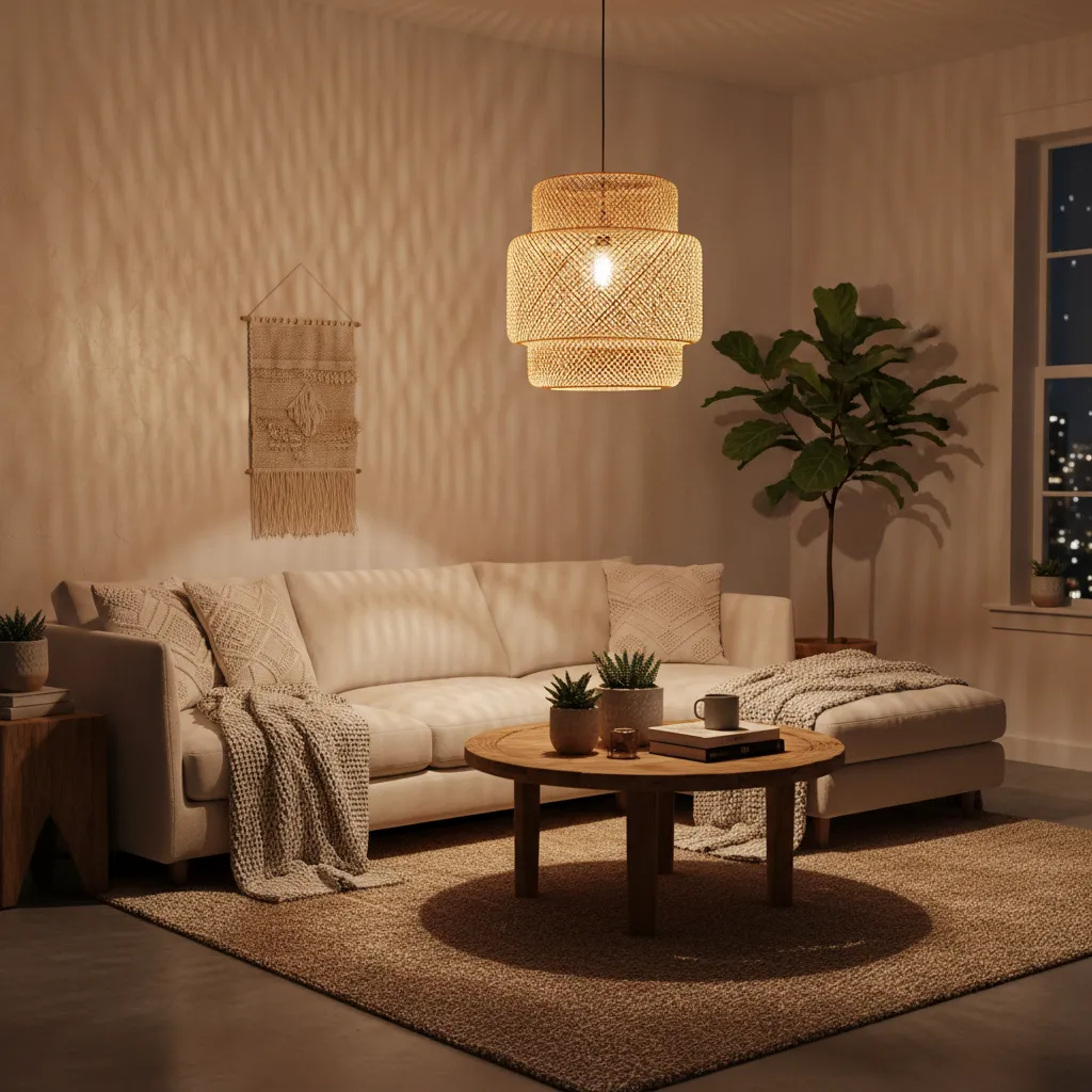 Iluminación cálida en un salón boho con lámparas de fibras naturales