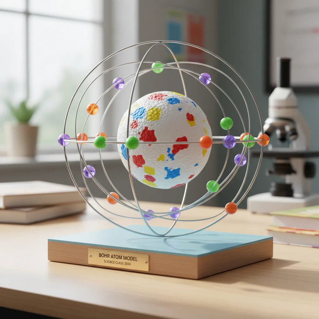 Colorful Bohr atom model with electron rings used in a classroom science project
