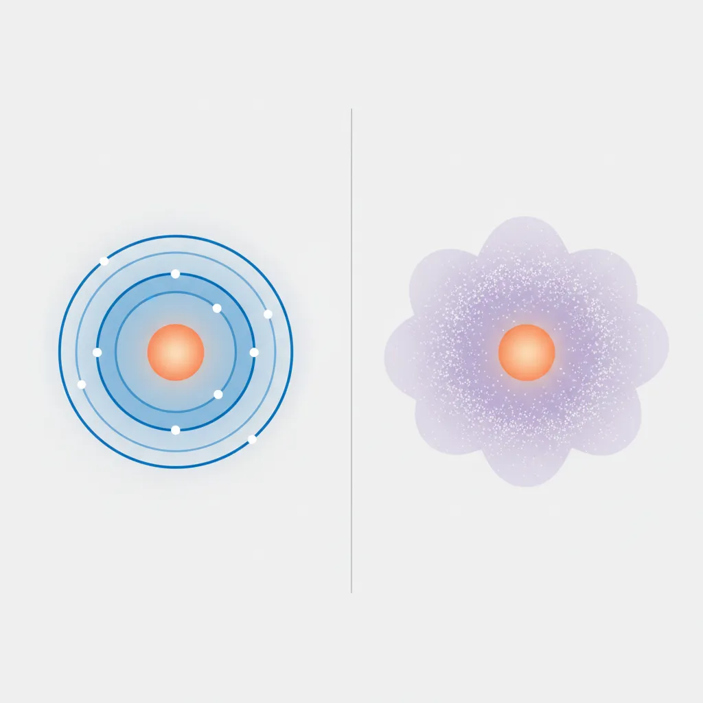Visual comparison between Bohr orbit rings and quantum electron cloud structure