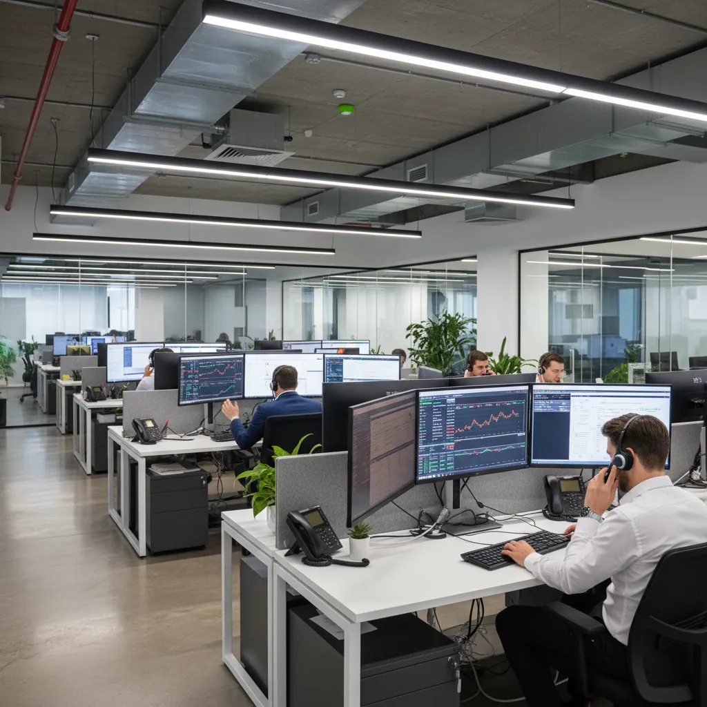 financial sales agents making cold calls in a dense trading office