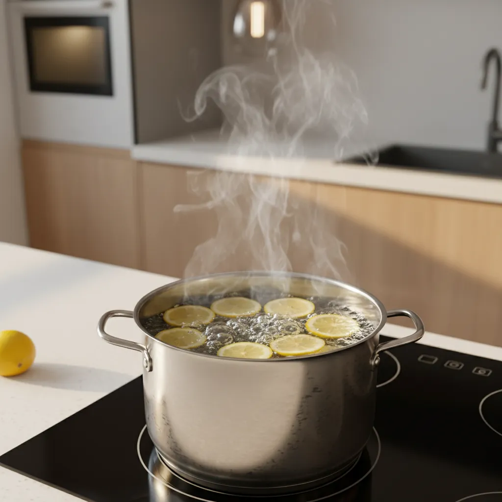 pot of lemon slices boiling on stove to neutralize fish smell