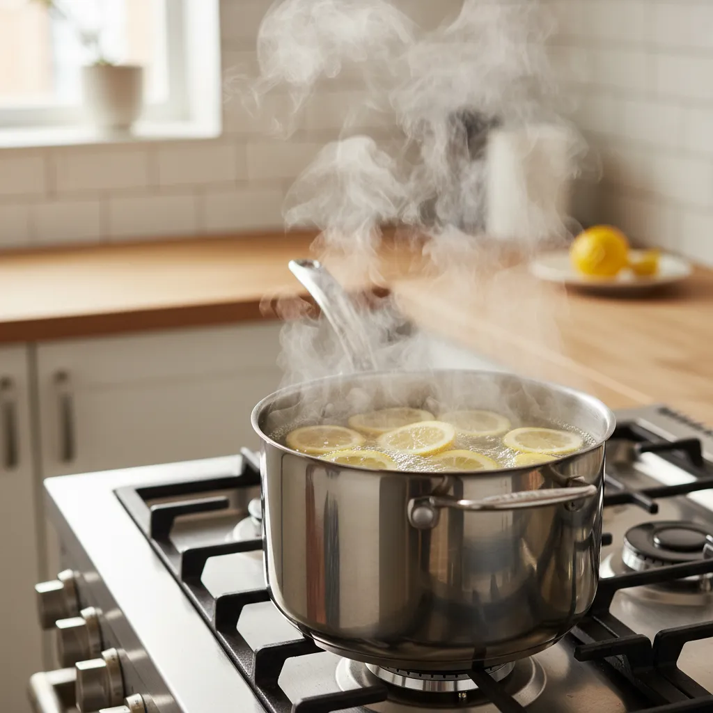 Pot with lemon slices simmering on stove to remove kitchen odor