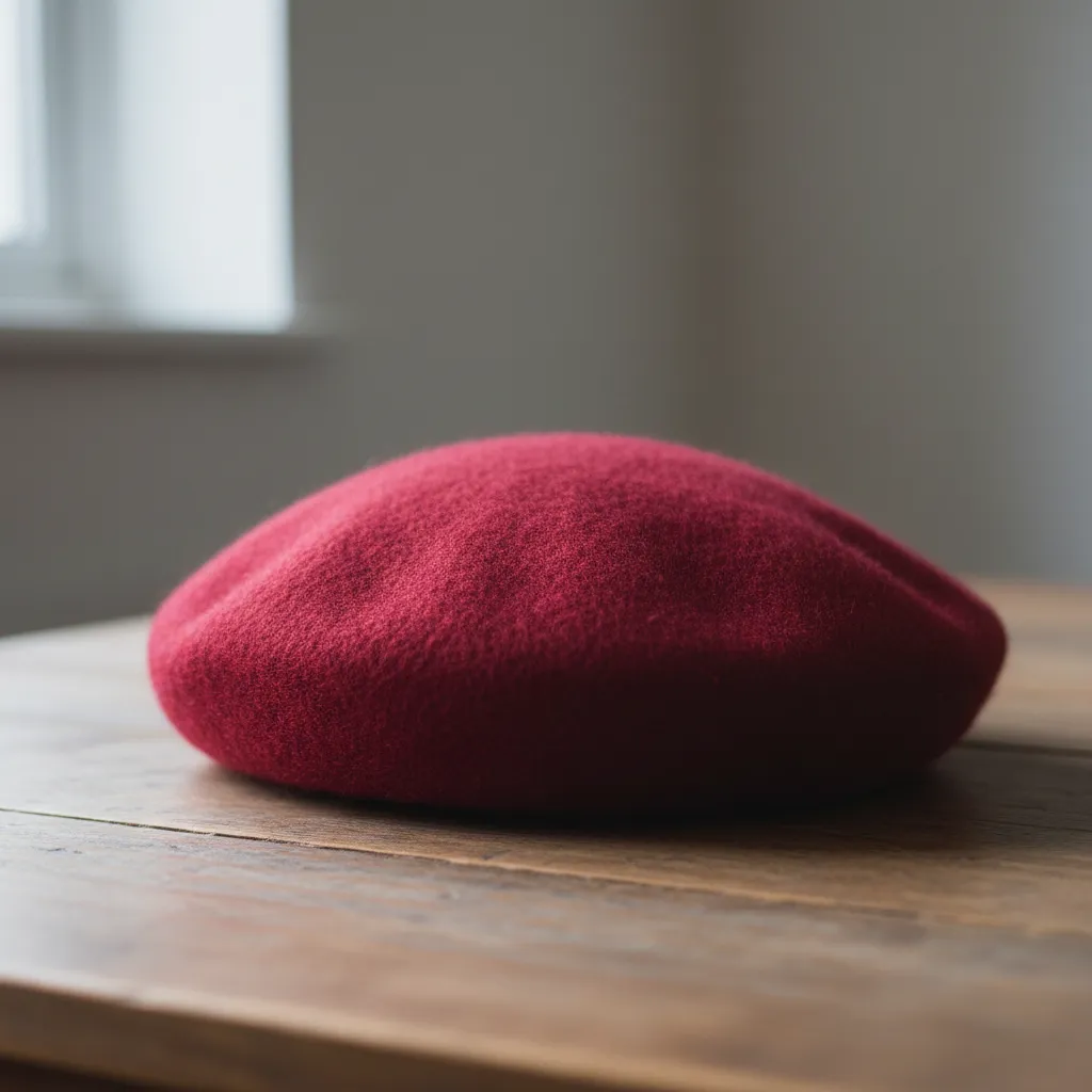 Boina roja hecha a mano colocada sobre una mesa de madera