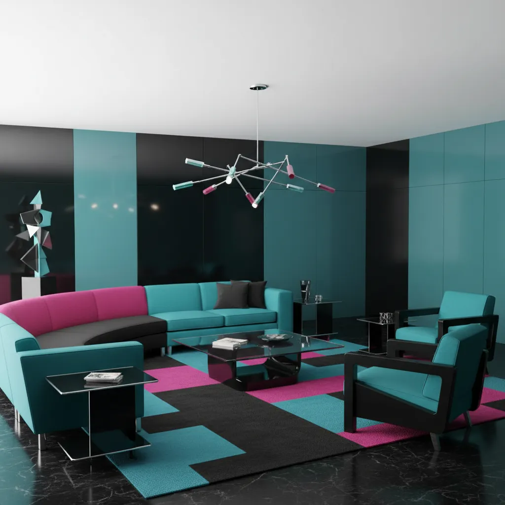 1980s style living room with geometric furniture and bold colors