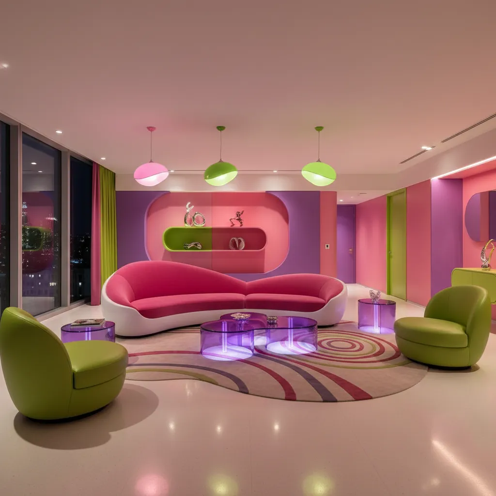 Interior moderno con colores vibrantes y superficies brillantes