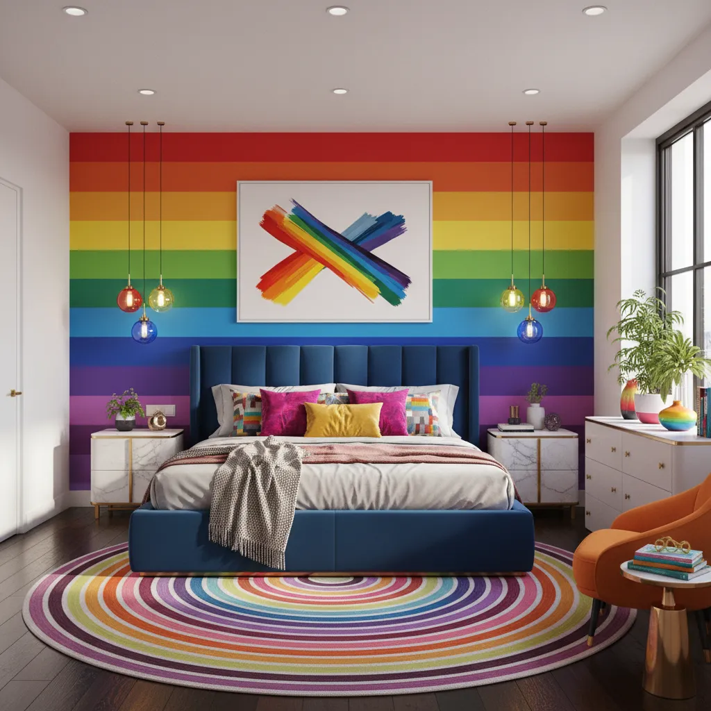 Bold colorful LGBTQ bedroom with expressive decor