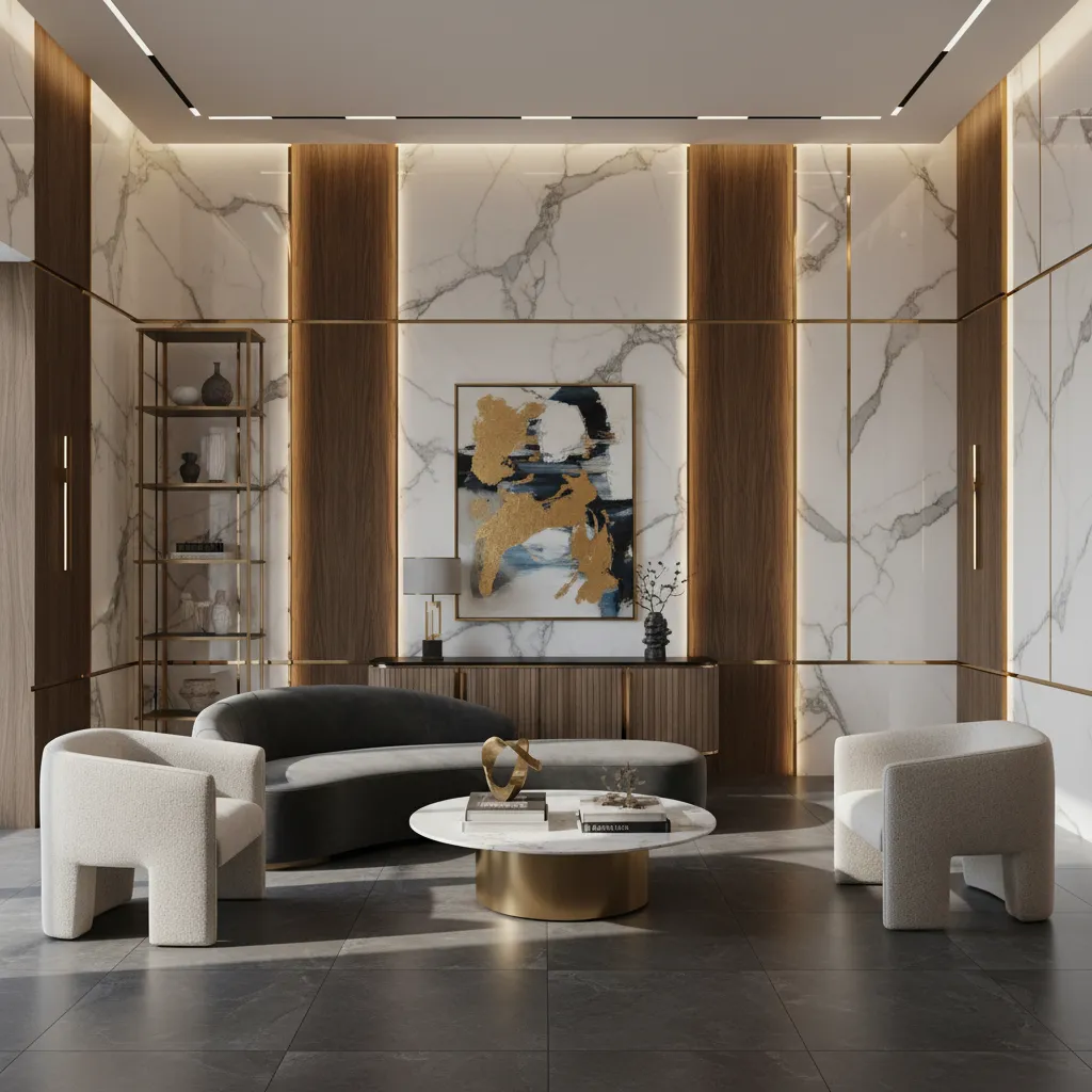 Interior con contrastes de mármol, metal y madera