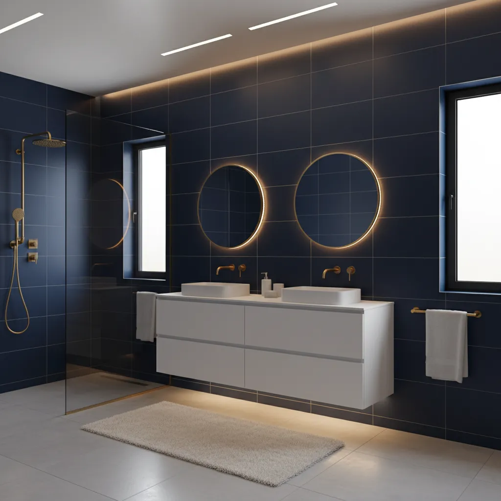 navy blue wall tiles paired with white bathroom vanity