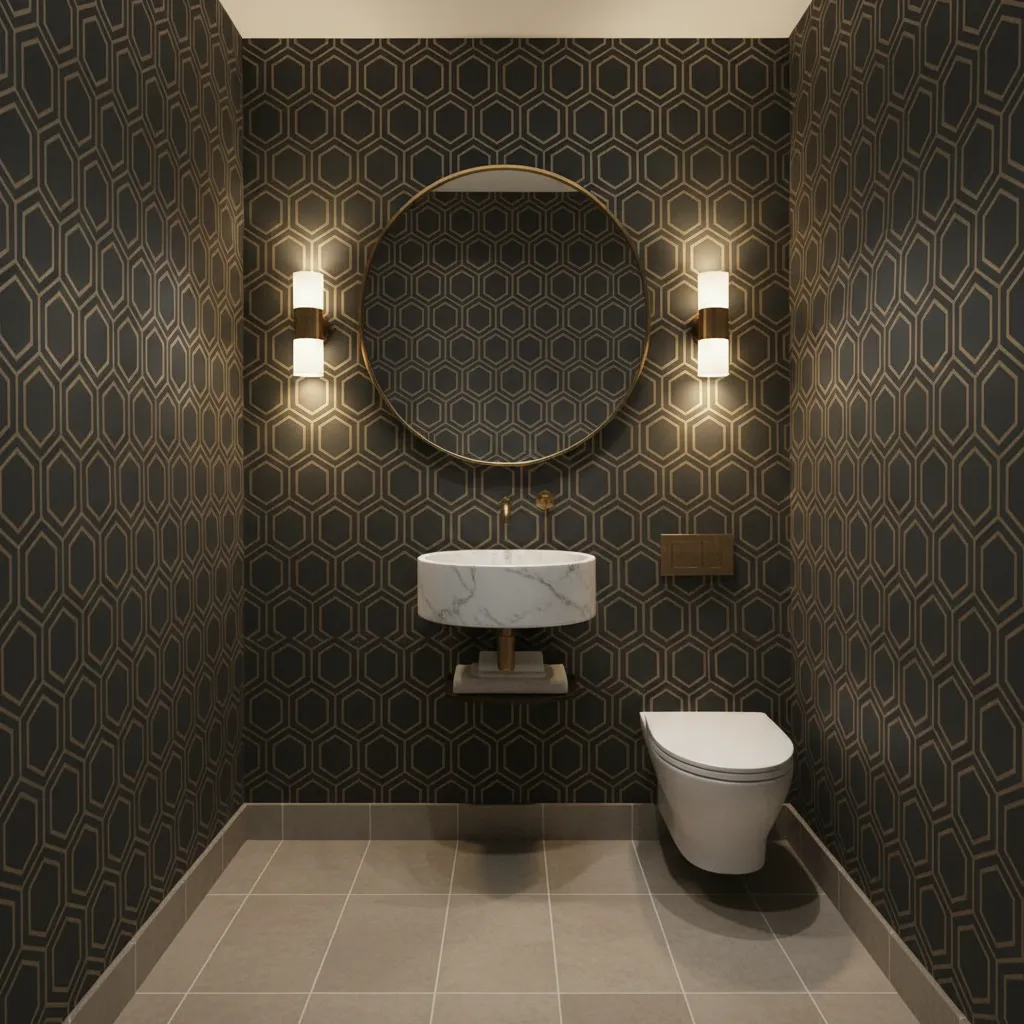 Small powder room with bold patterned wallpaper and round mirror