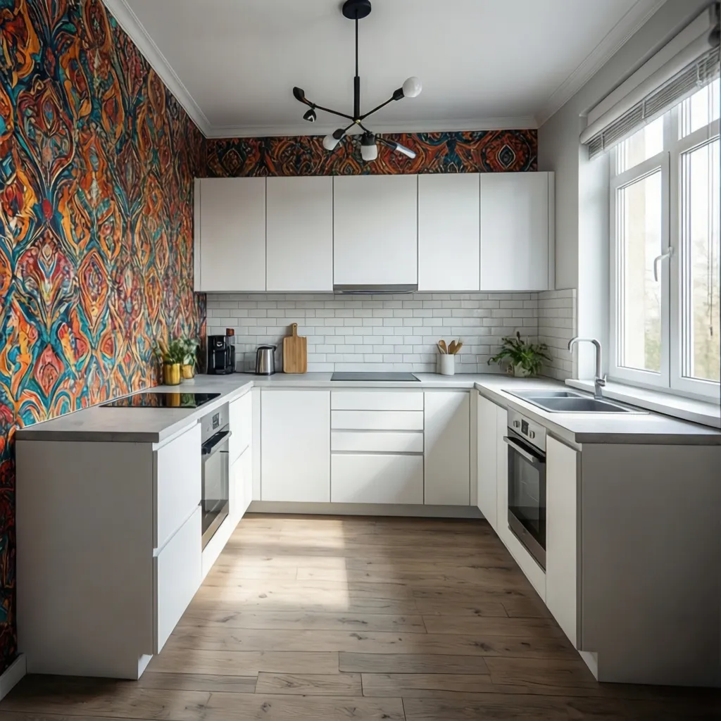 Small kitchen with bold wallpaper accent wall and simple cabinets