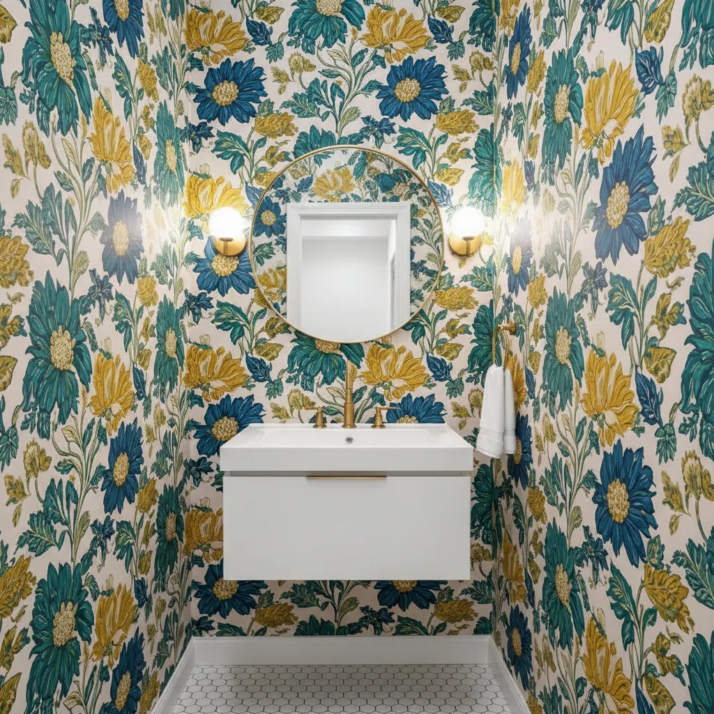 Small powder room with bold floral wallpaper and compact vanity