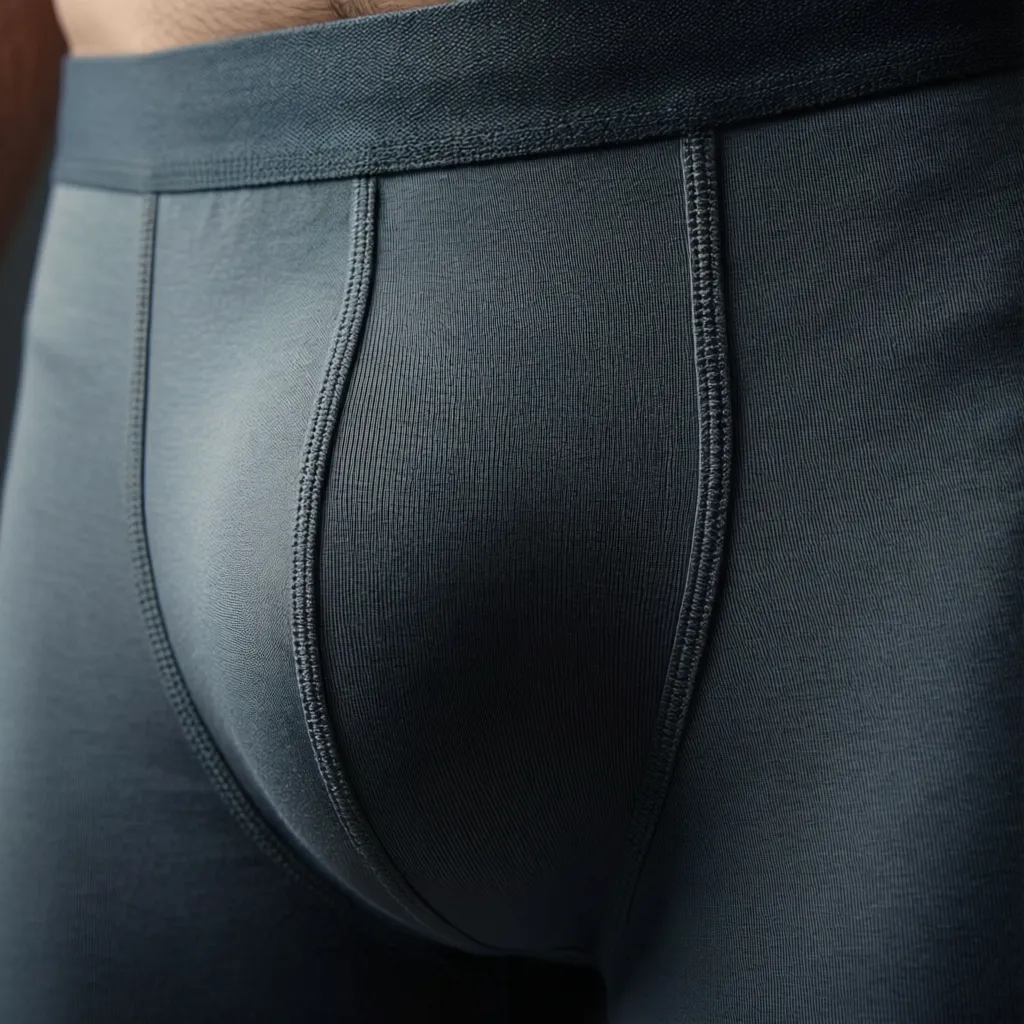 Close-up of dark grey underwear showing the front part with visible stitching and soft fabric