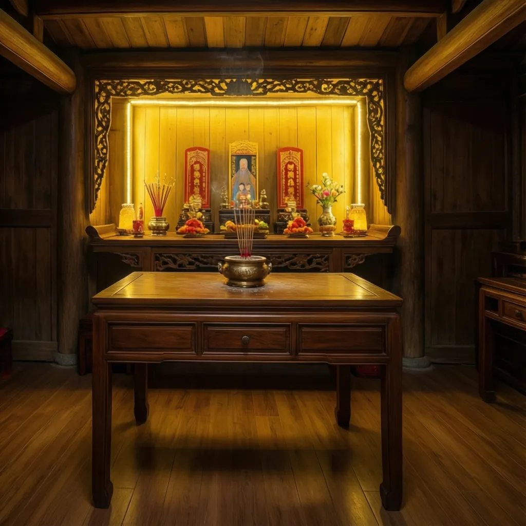 Wooden altar with warm yellow light strips behind decorative panels and incense on foreground wood table