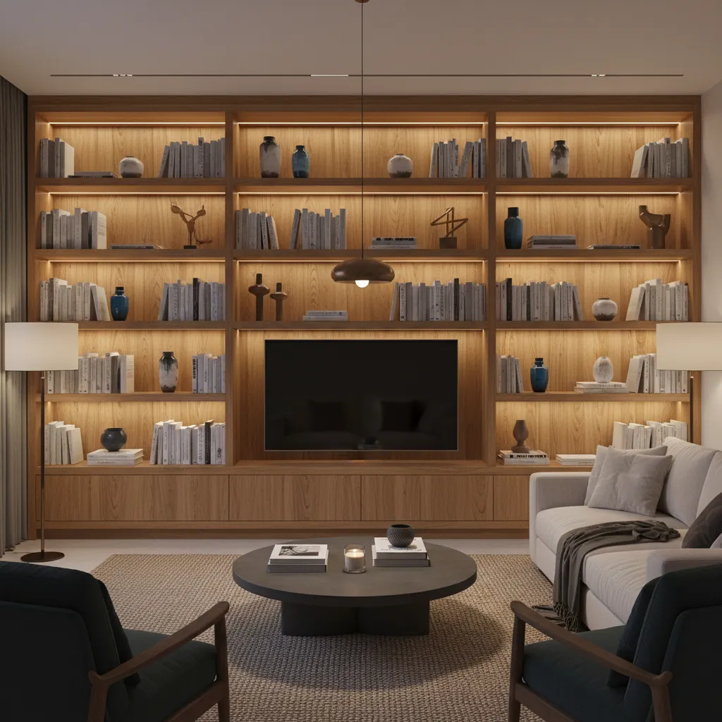 built in bookshelf with warm LED accent lighting highlighting decor