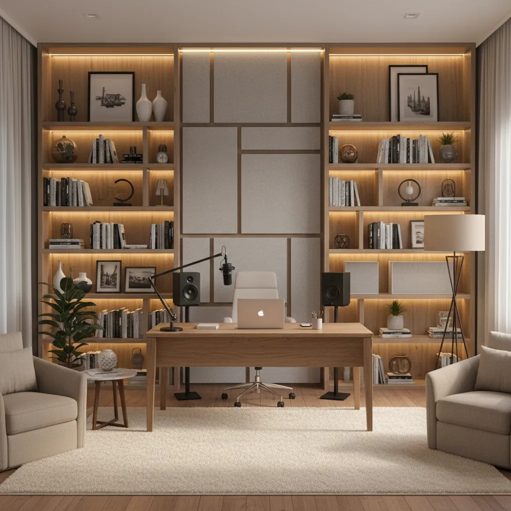 Bookshelf and wall panels used as acoustic treatment in home office studio