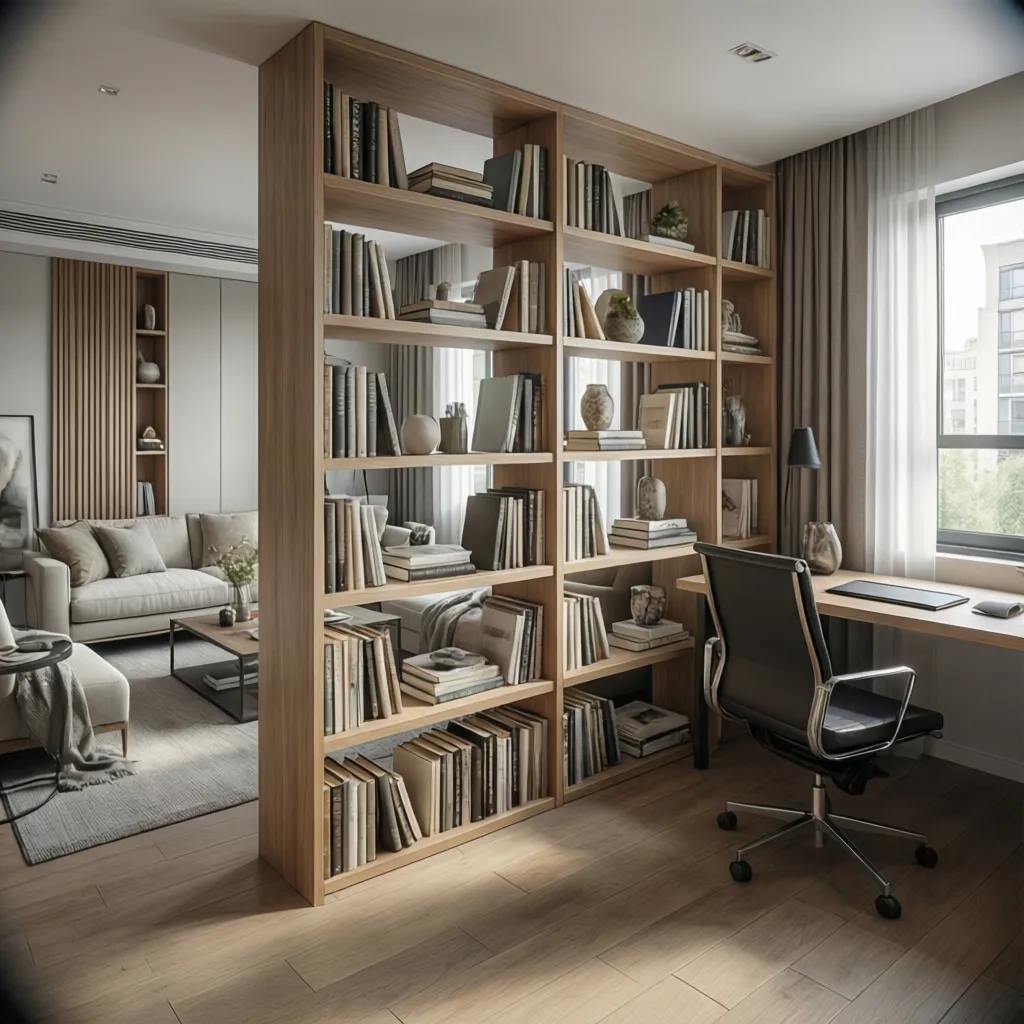 open bookshelf used as divider between living area and workspace