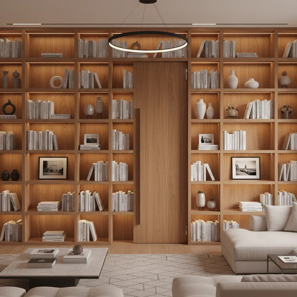 Built in bookshelf concealing a hidden bathroom door in living room