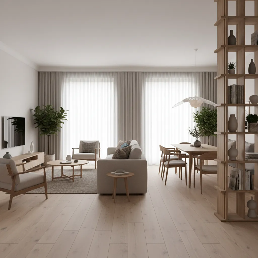 Open bookshelf used as room divider between living and dining areas