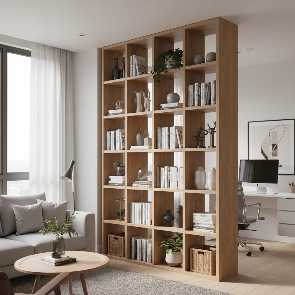open bookshelf used as room divider between living room and workspace