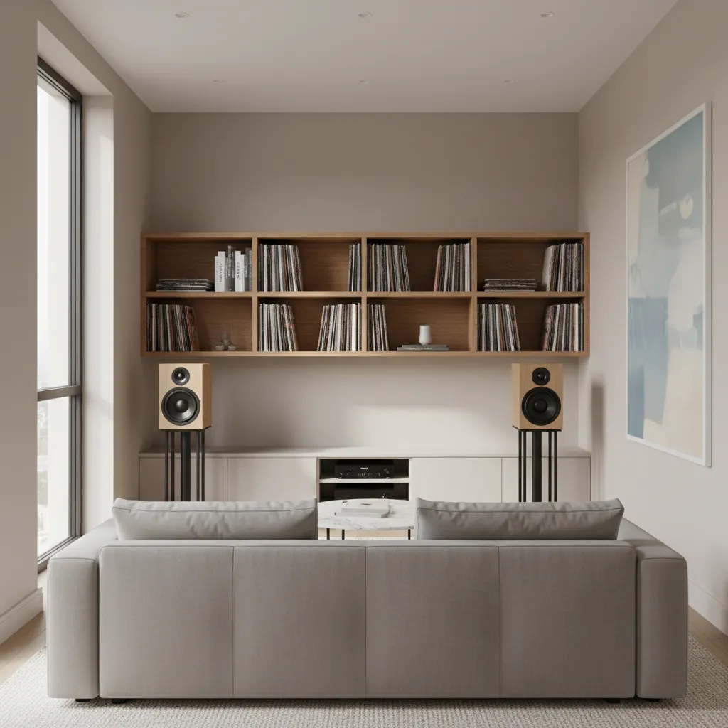 Bookshelf speakers placed on stands in a compact listening room