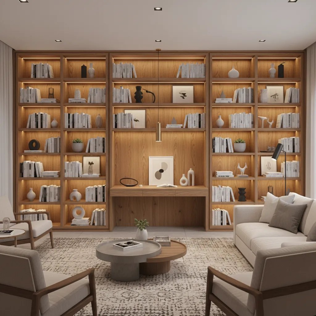Built in bookshelf wall with integrated desk in living room