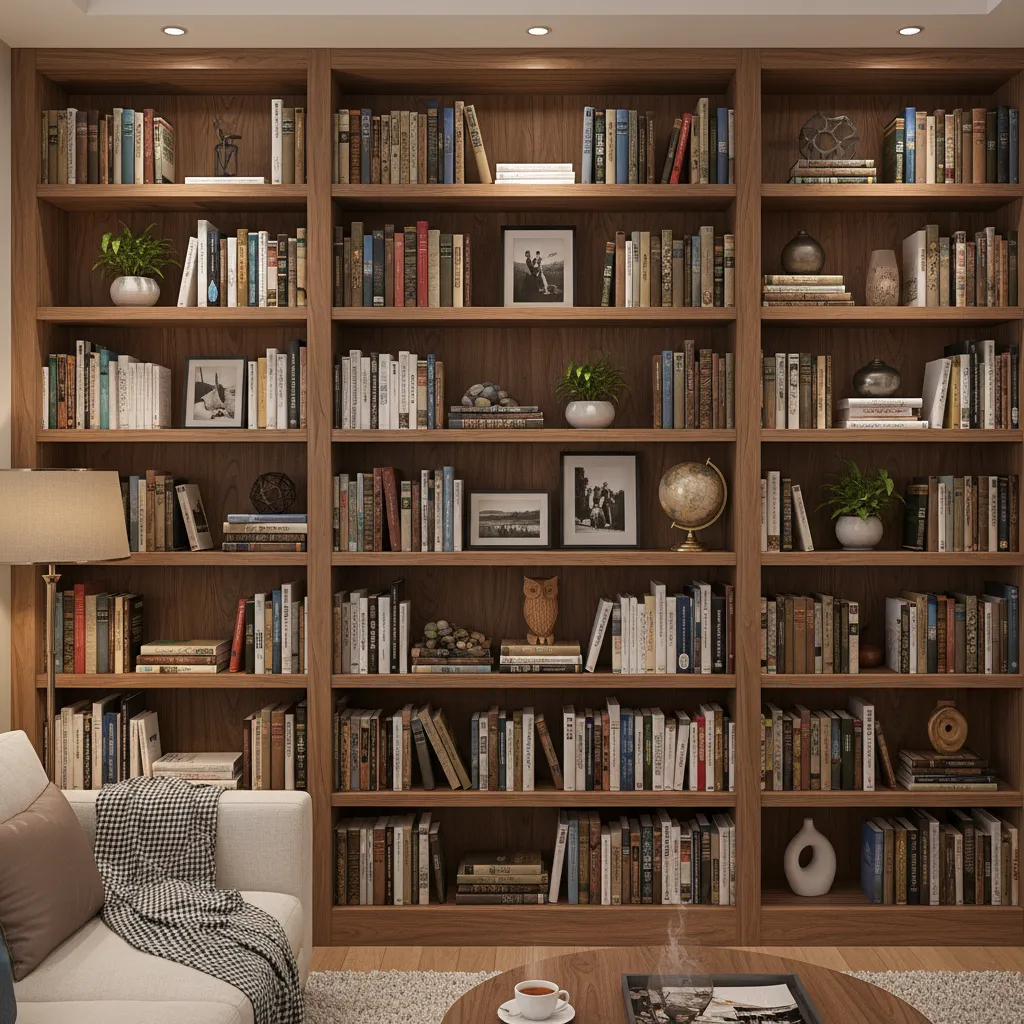 wooden bookshelf styled with books framed photos and decor objects