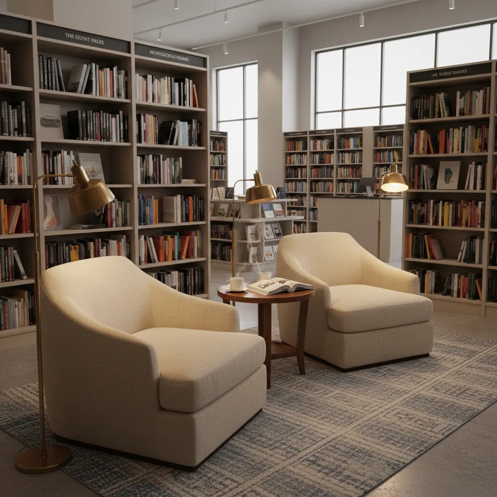 Khu đọc thử trong nhà sách với sofa và đèn đọc sách