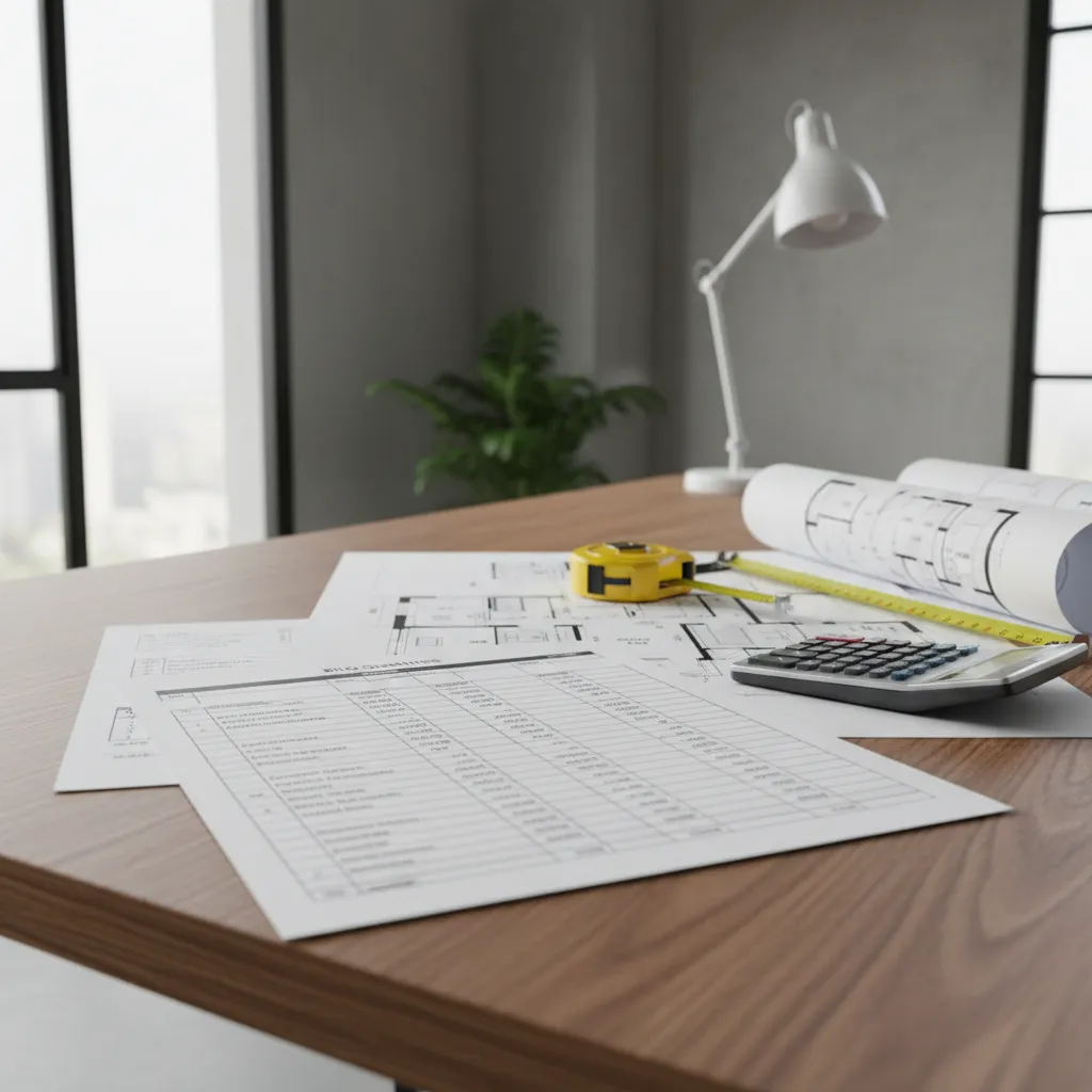 Bill of quantities table for interior renovation project with measured materials