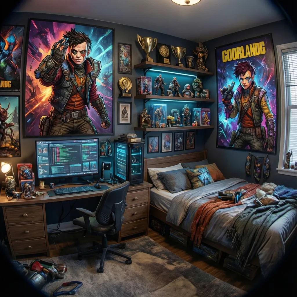 Examples of posters trophies and collectibles used as room decorations in Borderlands 3