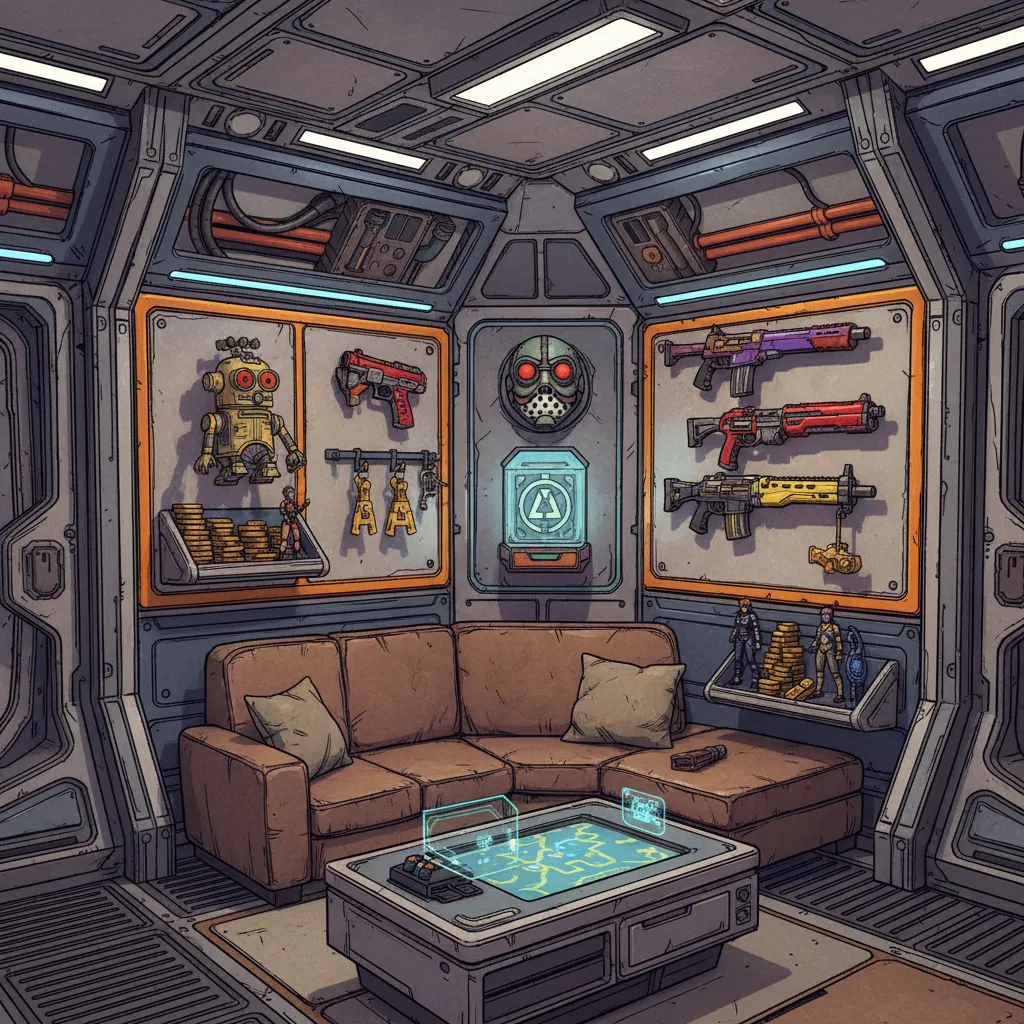 Player room inside Sanctuary III showing decoration hooks and collectibles