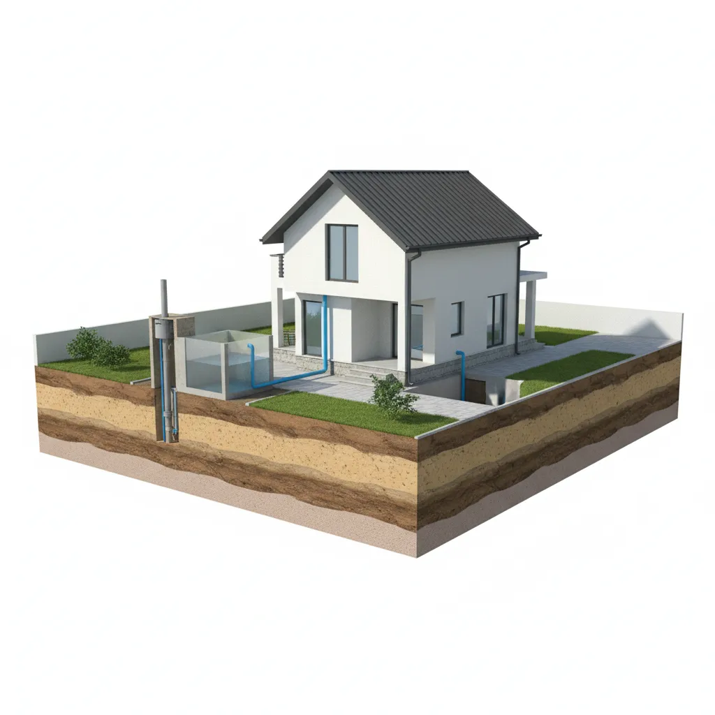 Cross section showing underground water pipes connecting a well to a white house storage tank system