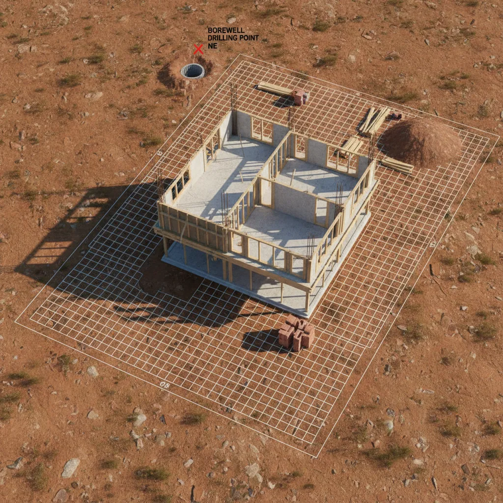 House under construction on dirt ground with white grid lines and borewell drilling point location