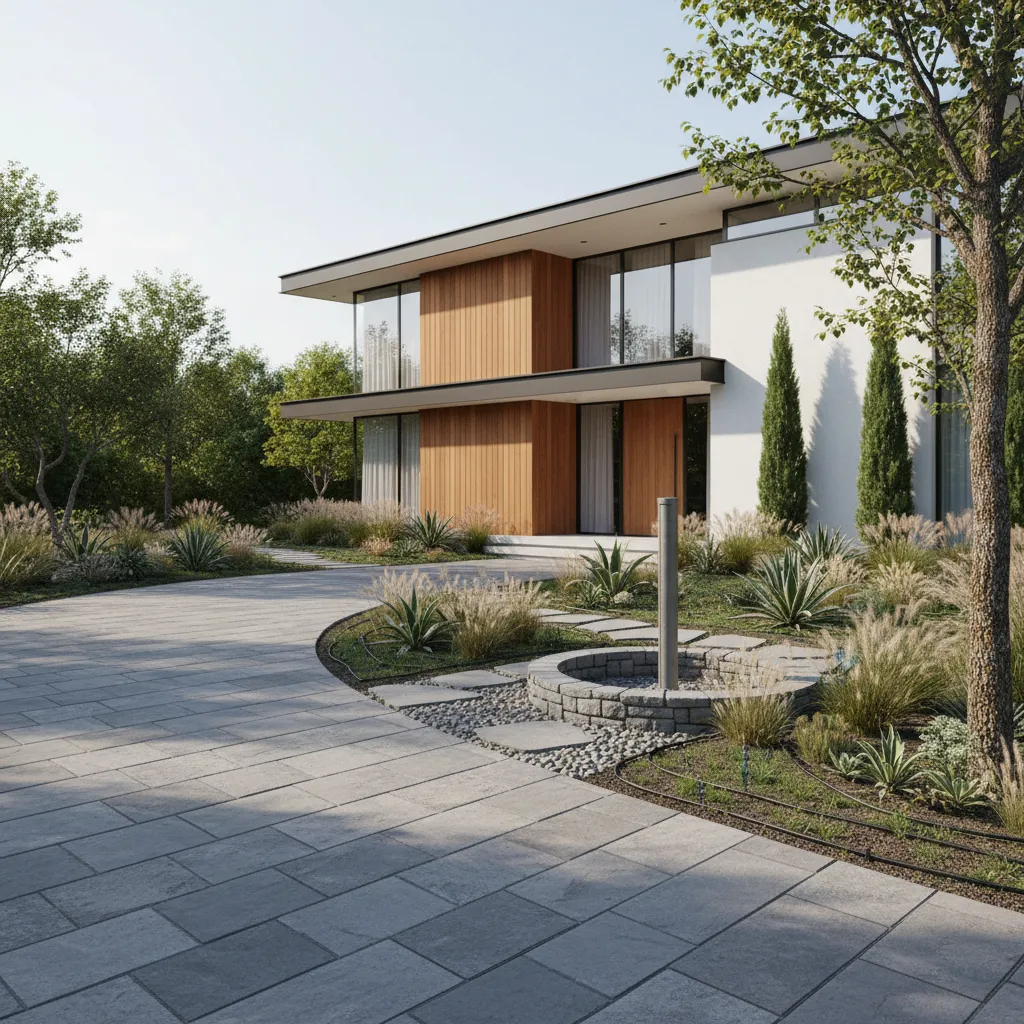 Stone paved driveway leads to a modern wood and white house with green garden plants