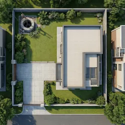 Top view interior design drawing of house with green grass garden and outdoor water well