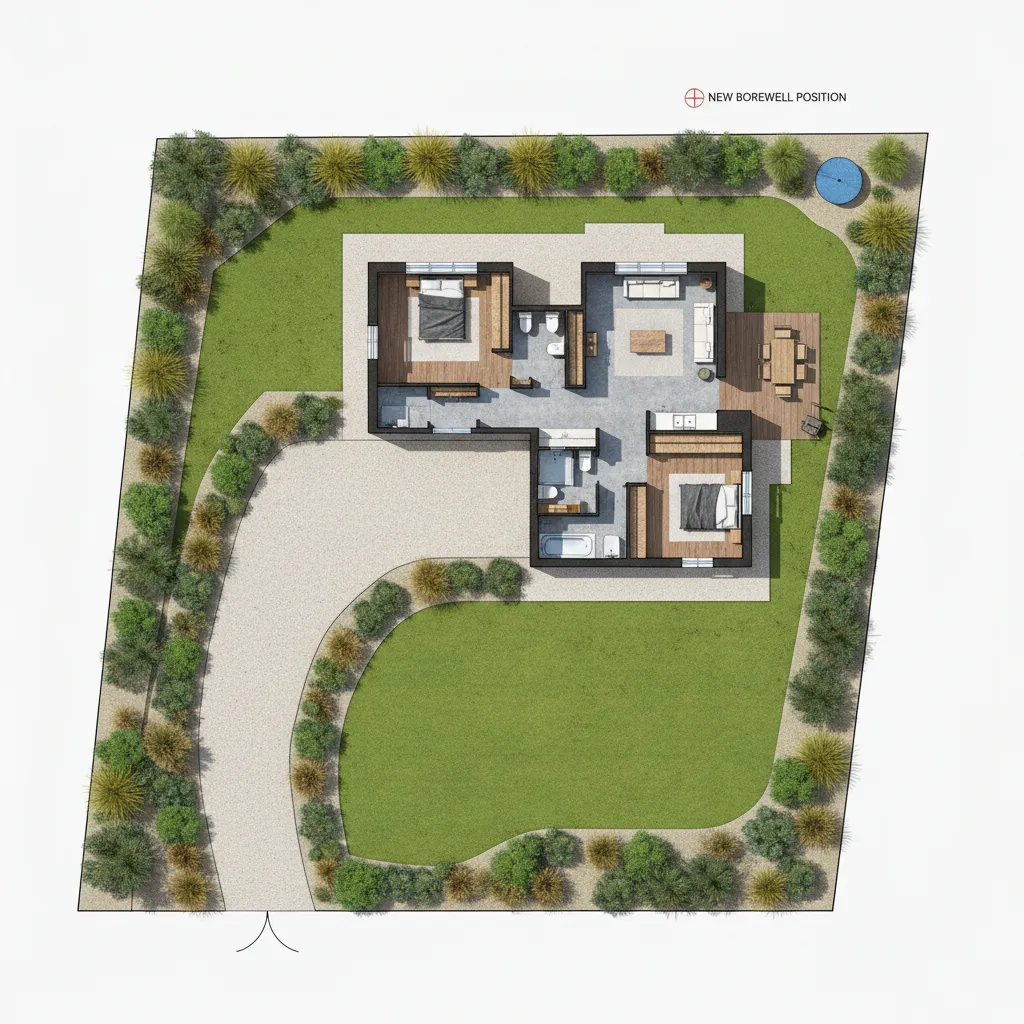 Colored site plan showing house layout with green lawn bushes driveway and new water well