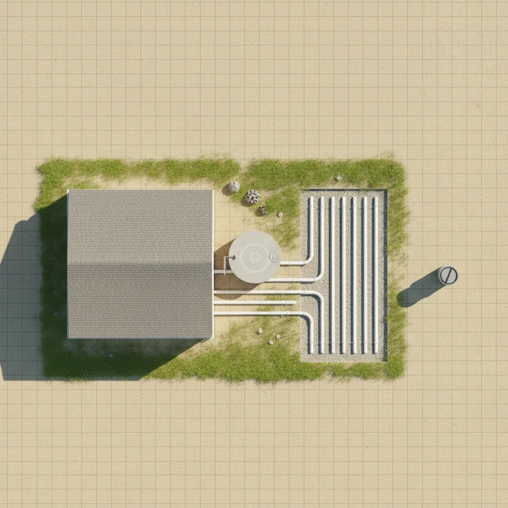 Top view showing a small house connected to an outdoor water tank and underground pipes