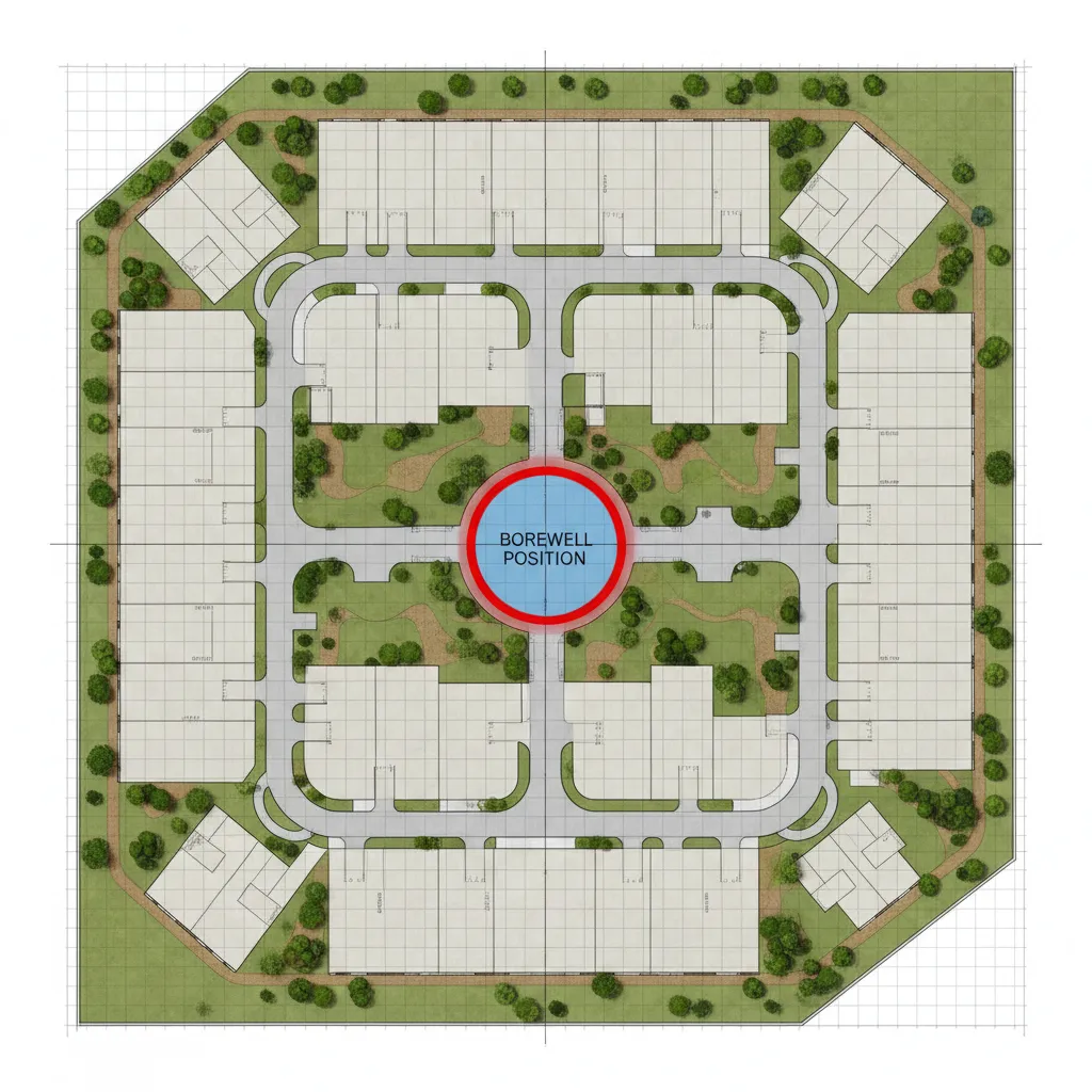 Top view site plan showing multiple buildings surrounding a central circle marked for borewell position