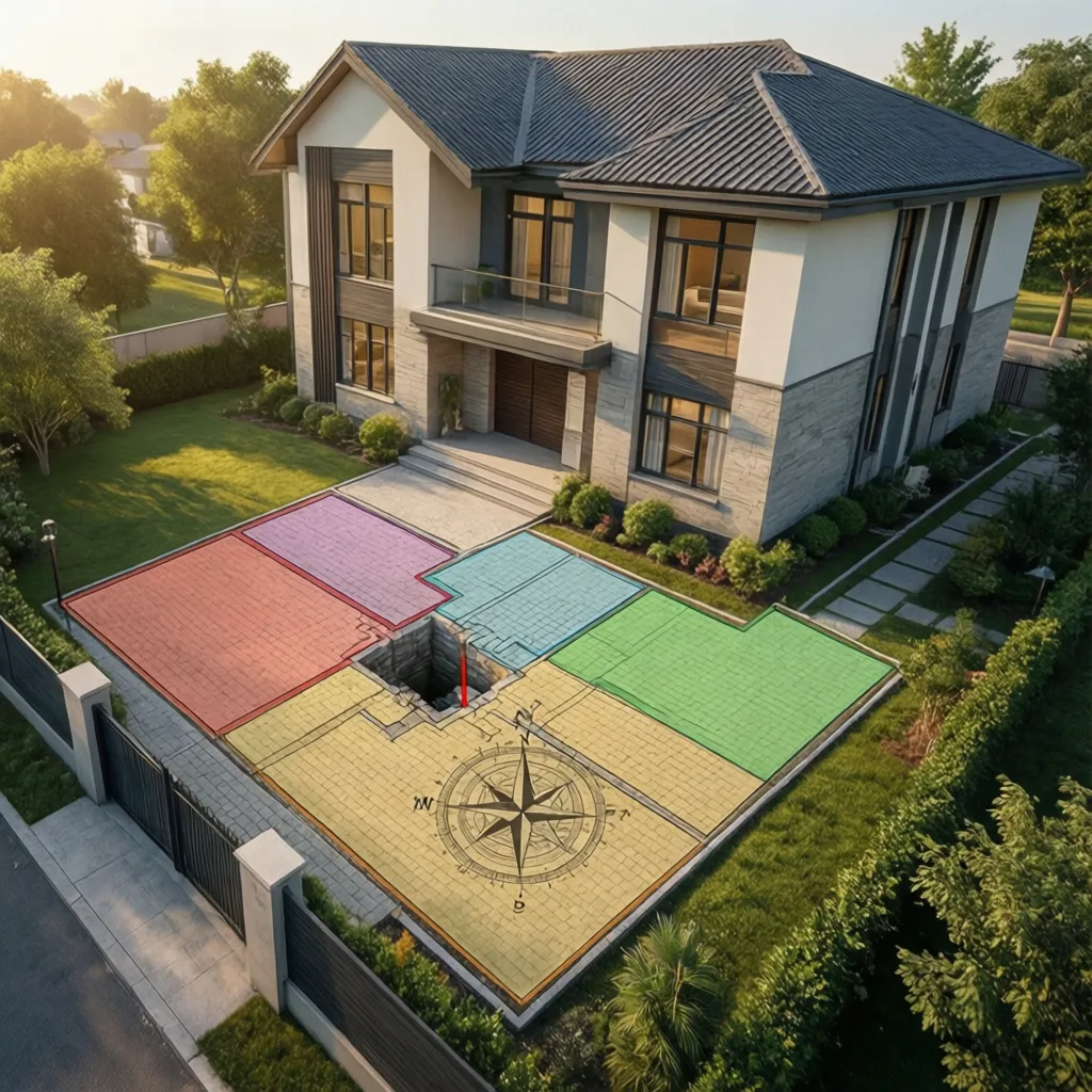 House exterior drawing showing colorful yard zones with a large compass and deep ground hole