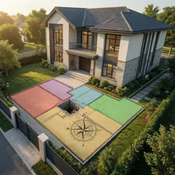 House exterior drawing showing colorful yard zones with a large compass and deep ground hole