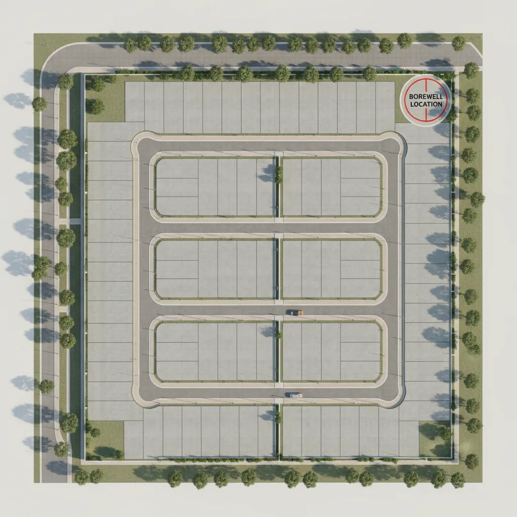 Overhead view of a building site layout showing parking areas green trees and marked labels