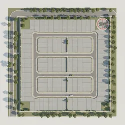 Overhead view of a building site layout showing parking areas green trees and marked labels