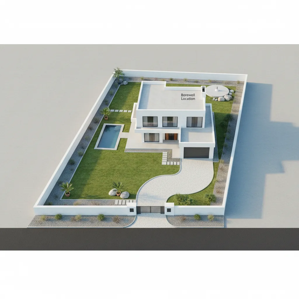 Modern white house with green lawn swimming pool driveway and text showing the borewell location