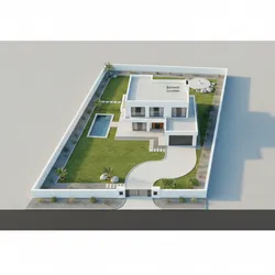 Modern white house with green lawn swimming pool driveway and text showing the borewell location
