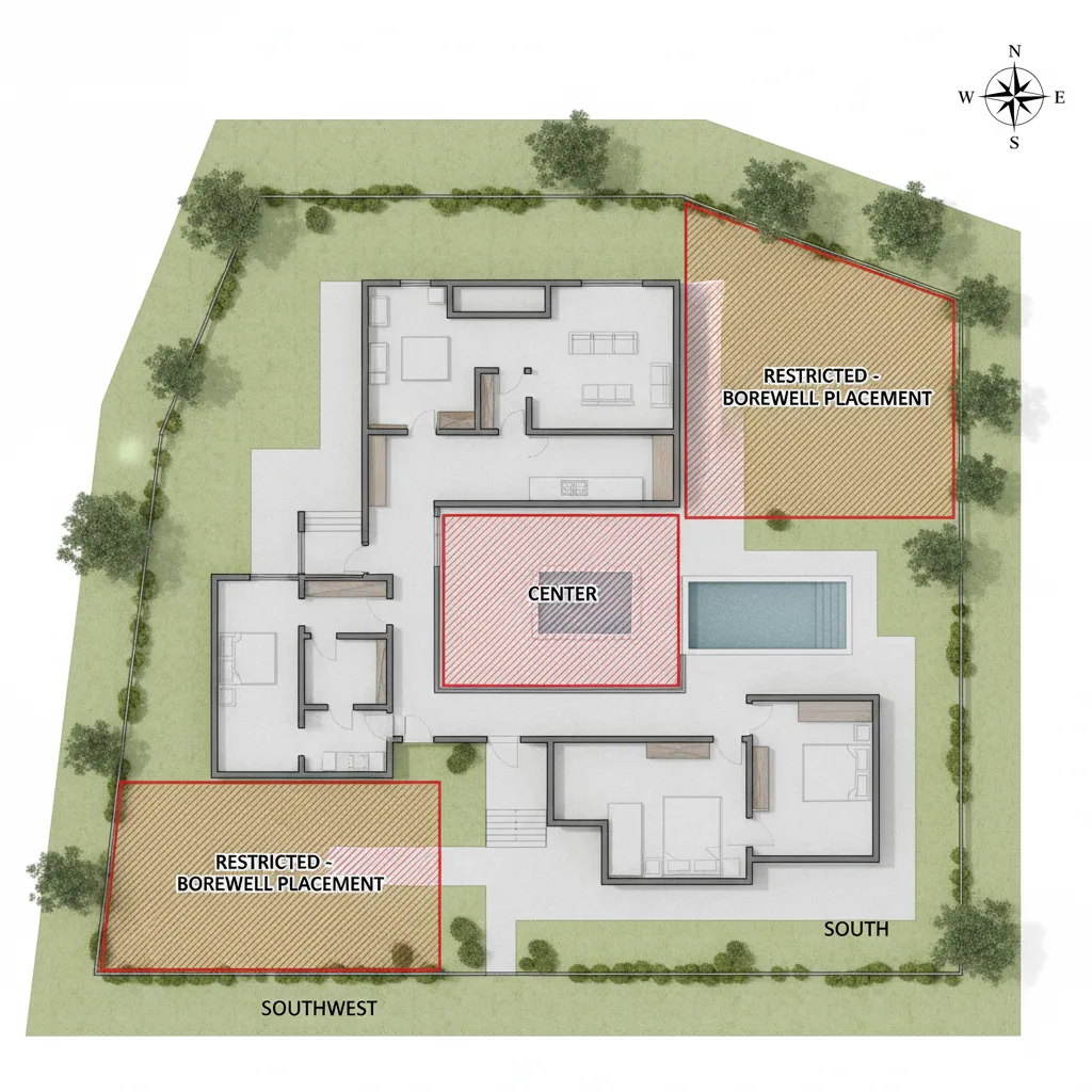 Residential plot highlighting south southwest and center zones to avoid for borewell