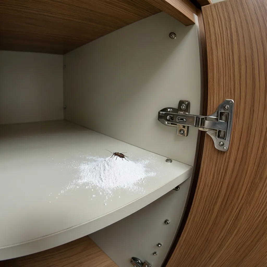 Boric acid powder placed in kitchen cabinet corner for cockroach control
