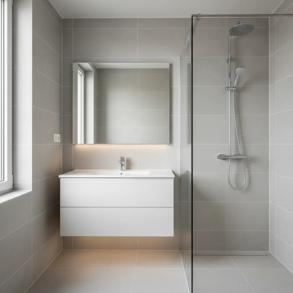 Modern bathroom with white floating vanity, rectangular mirror, glass shower divider, and grey wall tiles