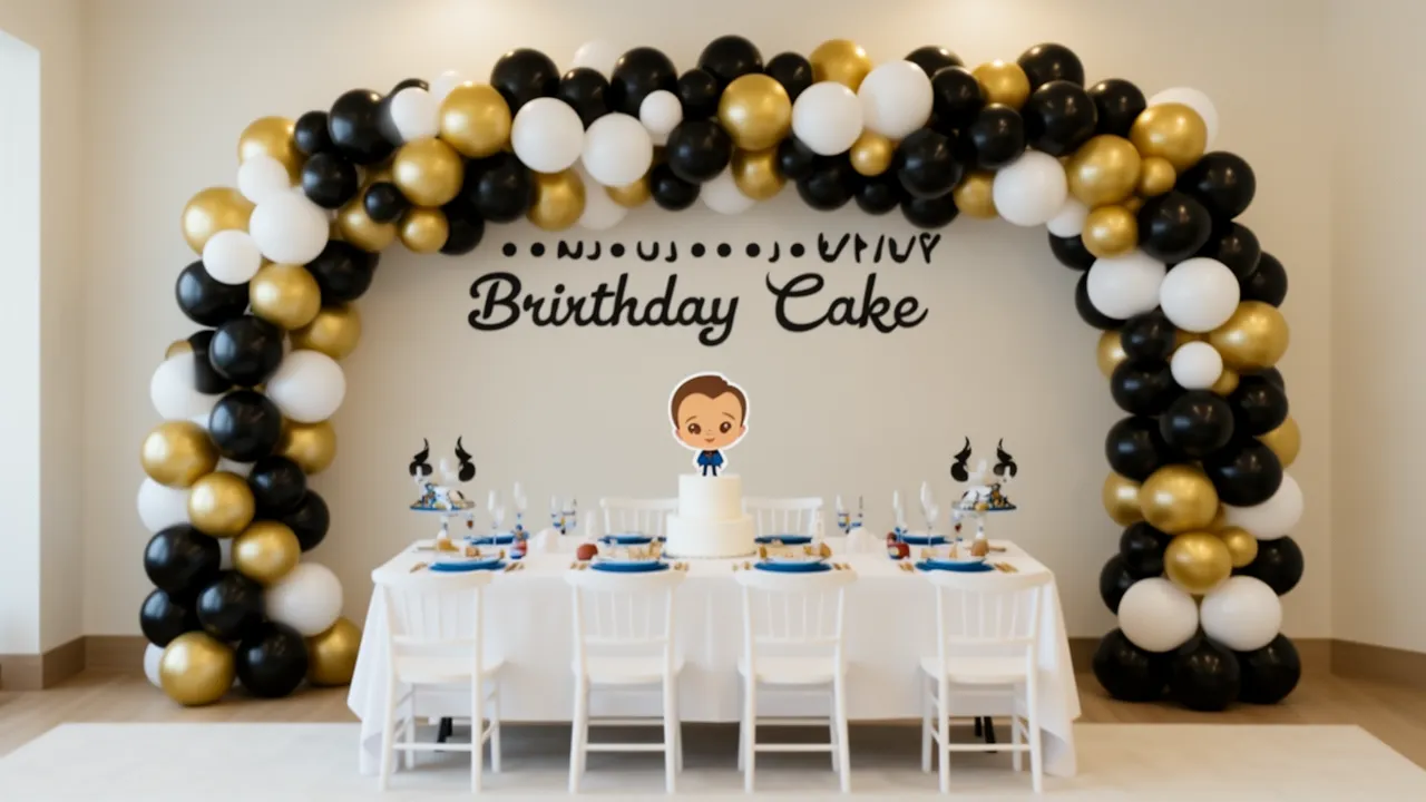 Balloon arch decoration over Boss Baby birthday cake table